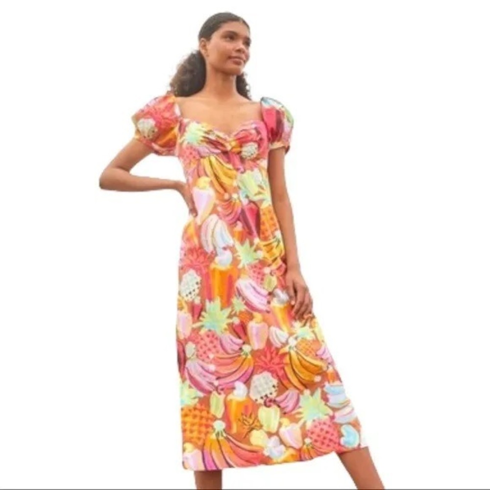 Farm Rio Fruit Salad Puff Sleeve Rainbow Print Midi Dress Size Medium EUC